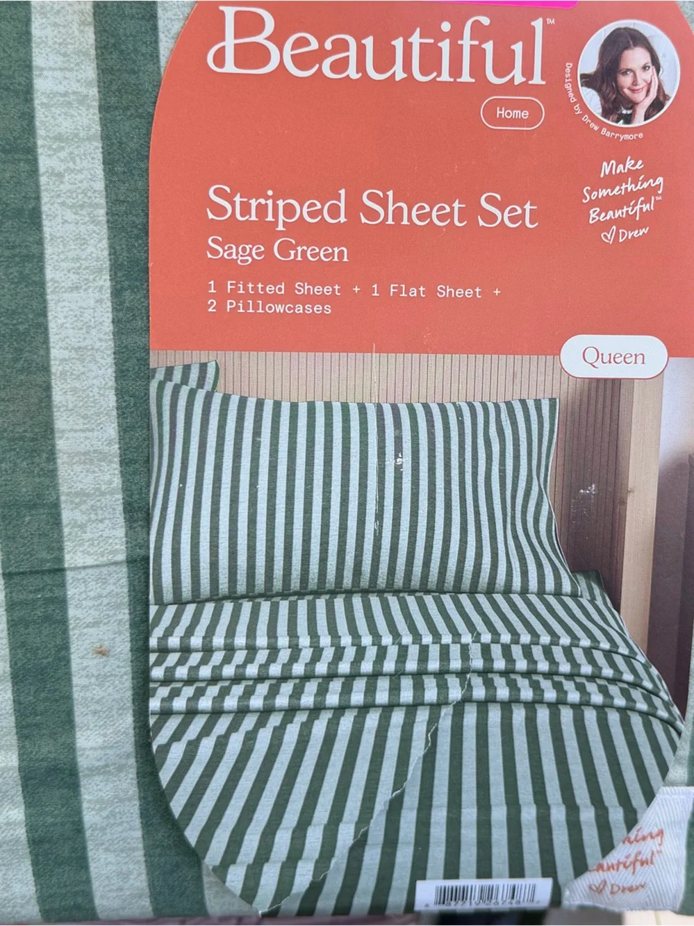 BEAUTIFUL BY DREW NWT Striped 4-Piece 100% Cotton Percale Sage Green Sheet Set Q